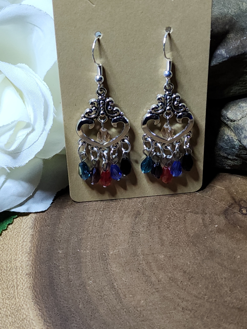 Hand Crafted Silver Chandelier Earrings with Blue, Red, Green and Purple Beads